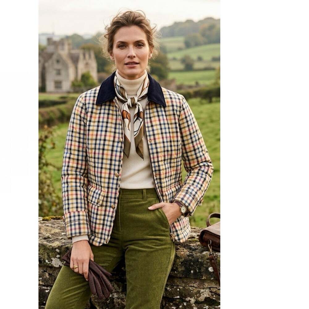 Talbots Diamond Quilted Barn Jacket Plaid Size Small Corduroy Collar Preppy Coat